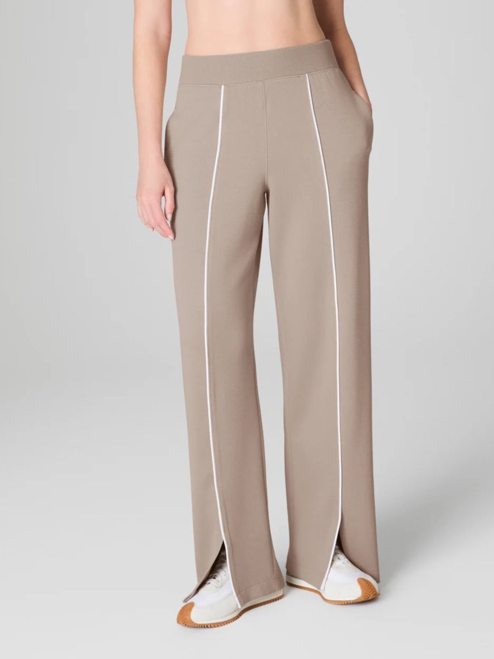 Air Essentially Taupe Wide-Leg Knit Pants with Contrast Piping